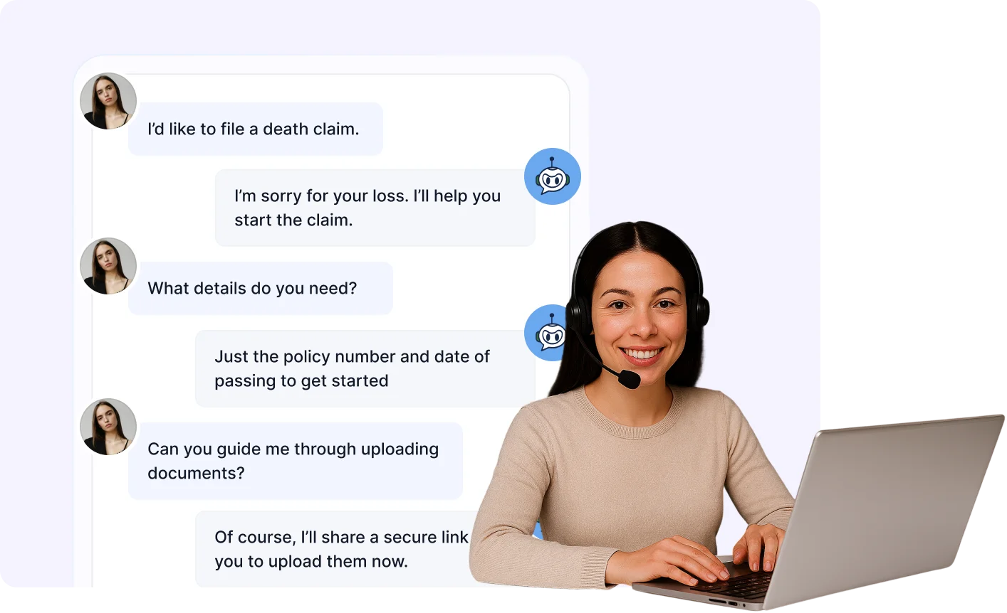 Customer service agent with headset at laptop, chat overlay shows discussion about filing a death claim.