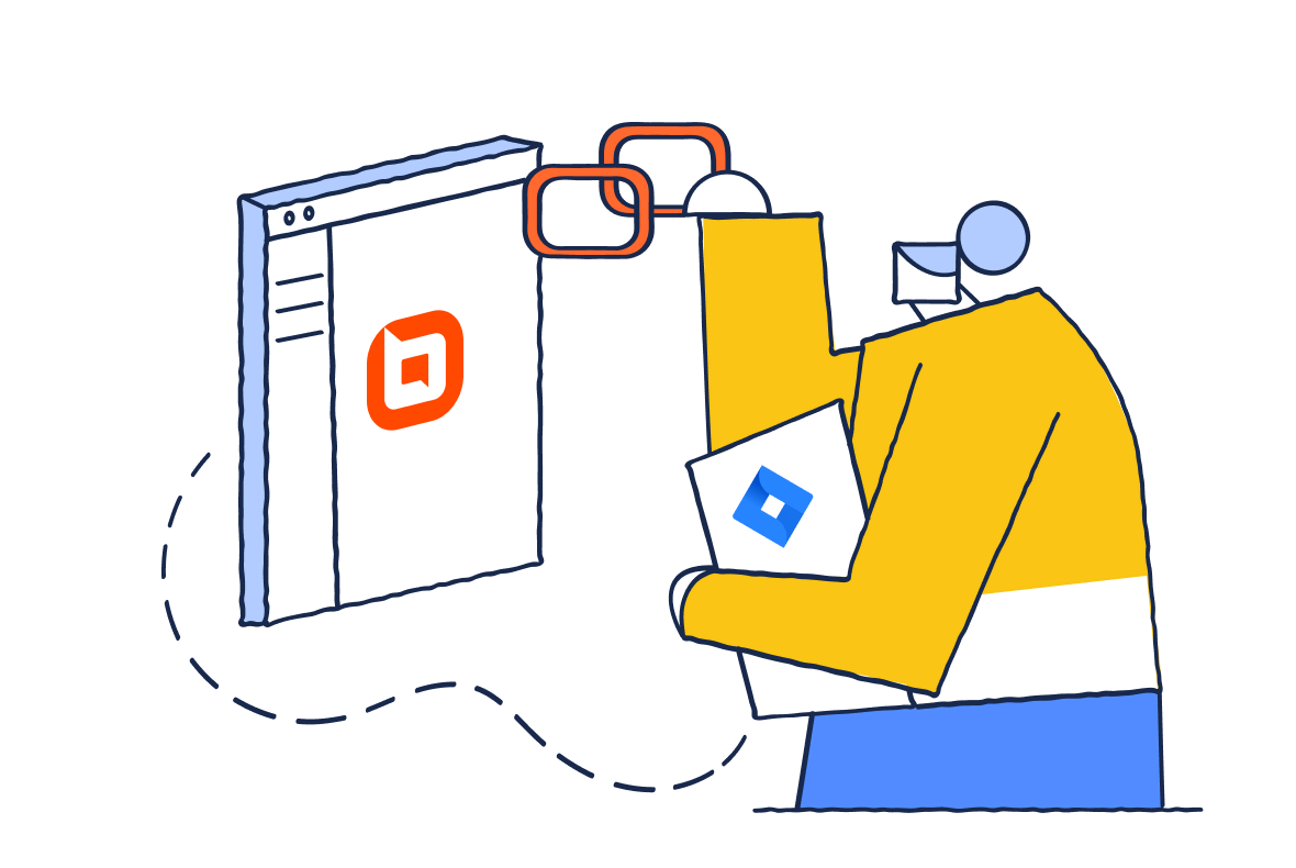 Illustration of a user linking a BoldDesk interface with a Jira issue to show seamless connection between both systems.
