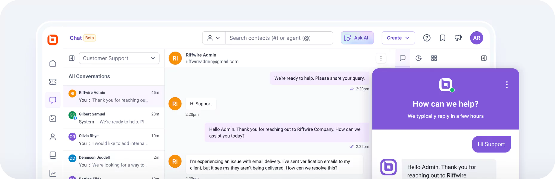 BoldDesk omnichannel inbox with an active customer chat, Ask AI assistance, and an embedded widget showing a support reply.