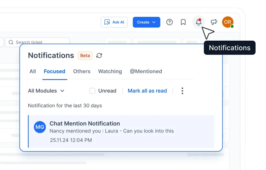 Notification panel showing chat mention alert with options to filter, mark as read and manage focused notifications.