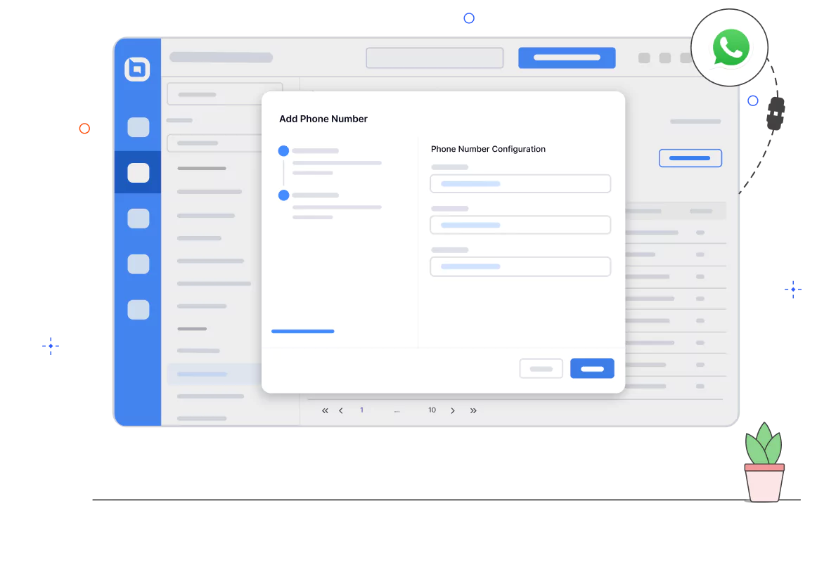 BoldDesk interface showing phone number configuration popup for adding WhatsApp numbers, illustrating multi-number support.
