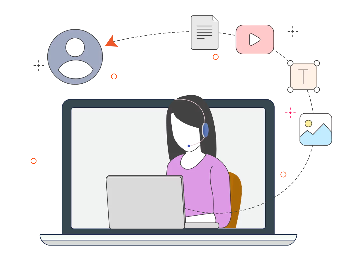 Support agent on a laptop handling multimedia messages, illustrating seamless file and media sharing in customer support.