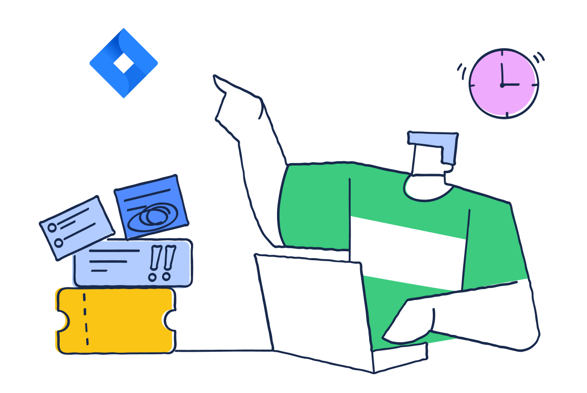 Illustration of an agent managing support tickets on a laptop while Jira integration helps track and organize issue updates.