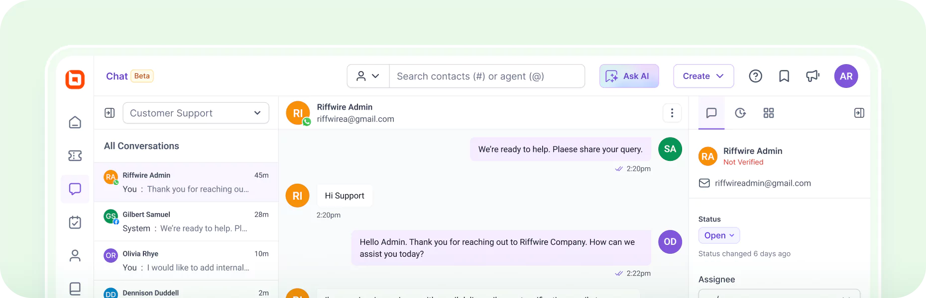 BoldDesk omnichannel inbox with an active customer chat, Ask AI assistance, and a contact panel showing ticket status Open.