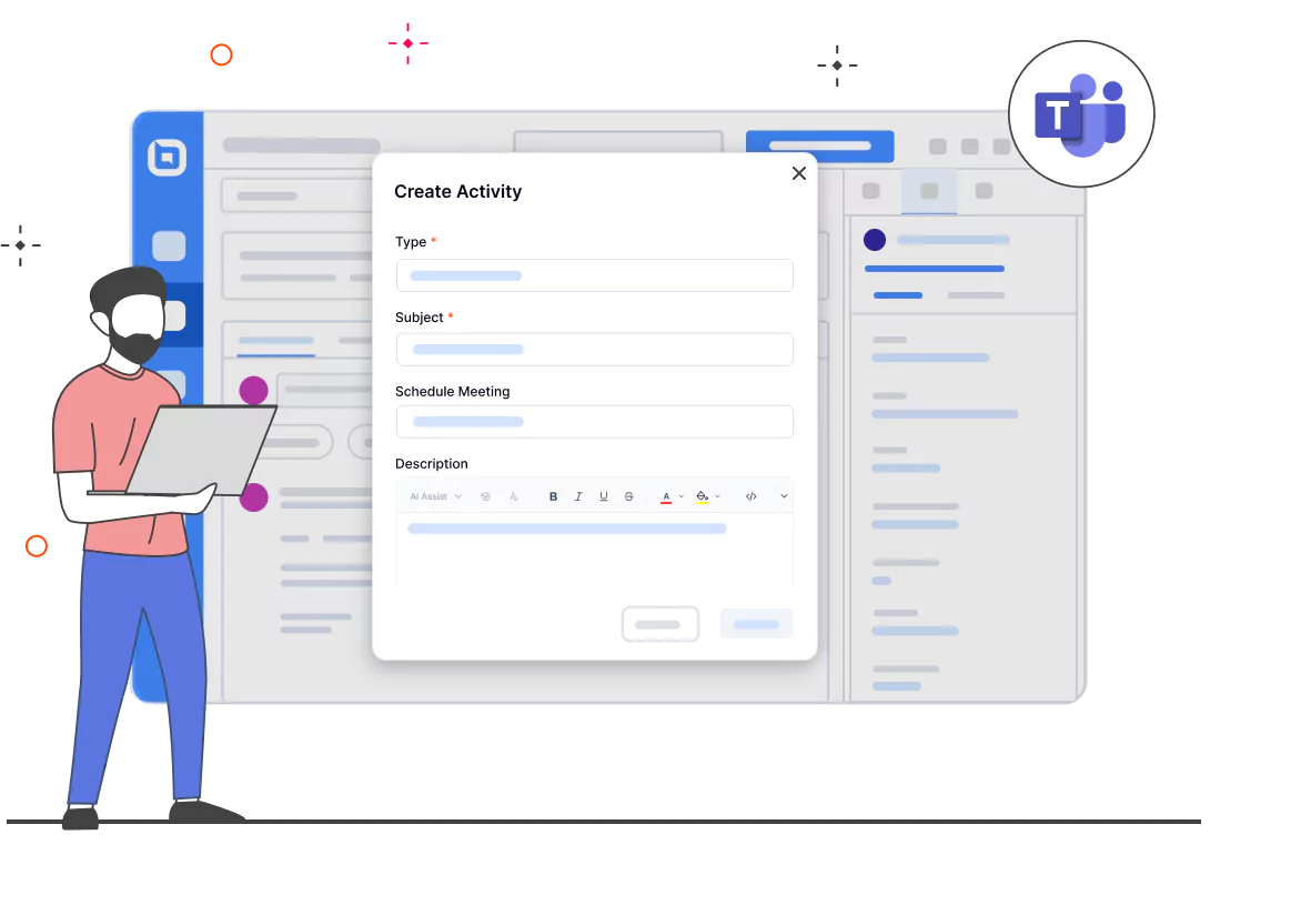 Illustration showing a user viewing a BoldDesk ticket screen with a Create Activity meeting form and a Microsoft Teams icon.