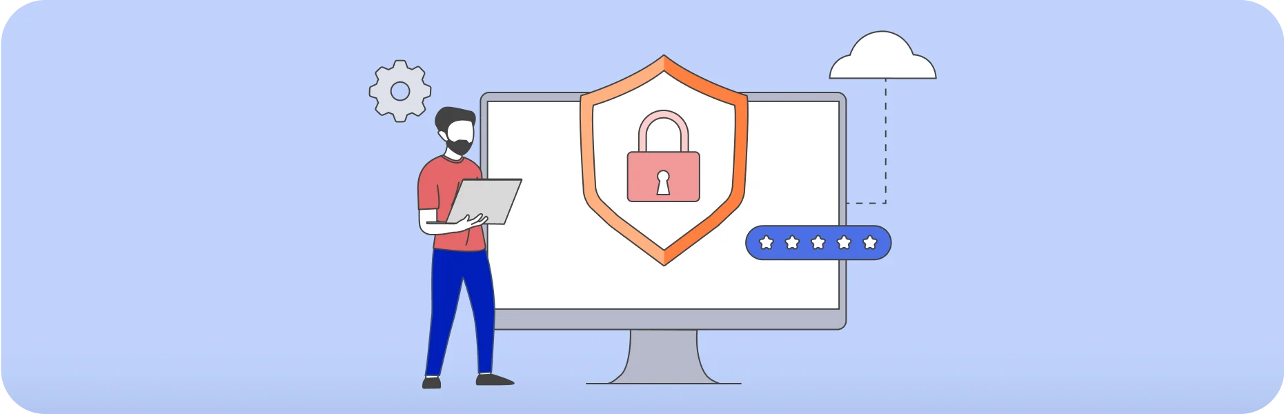 Illustration of a shield with a padlock on a computer screen, representing data security and protected system access.