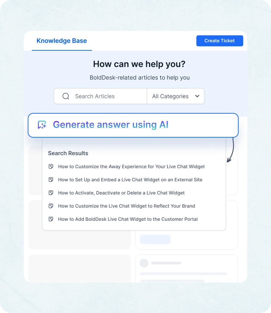AI feature in knowledge base software showing search results and a Generate answer using AI option in the interface. UI.