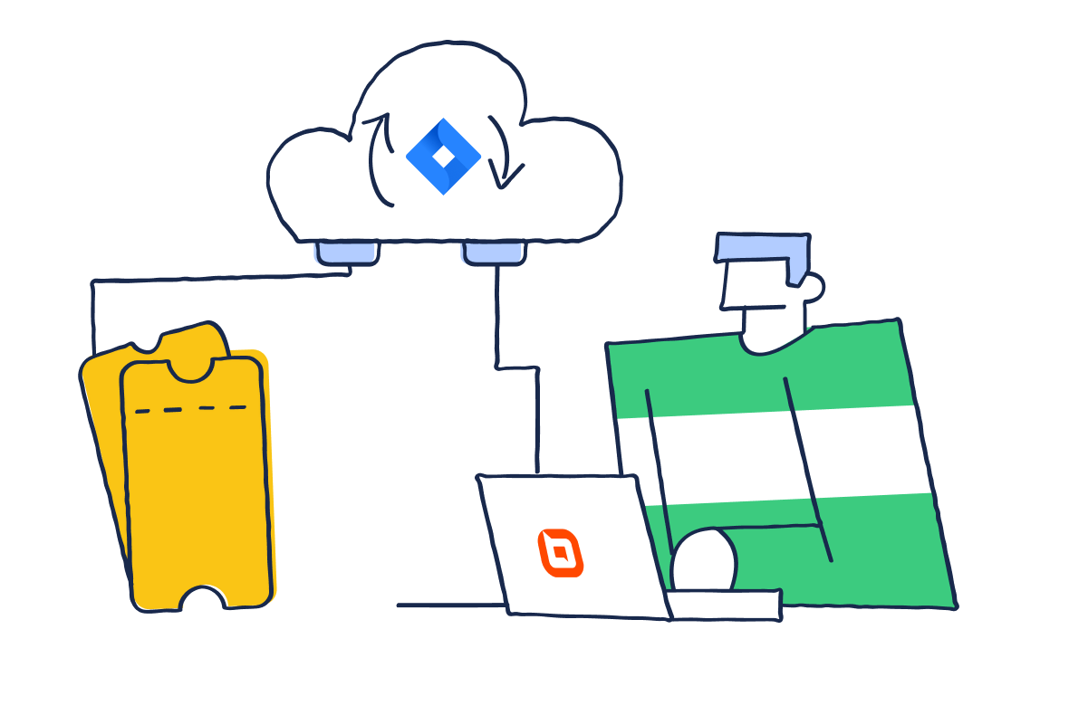 Illustration of a user working in BoldDesk while Jira syncs ticket updates through the cloud to keep both systems aligned.