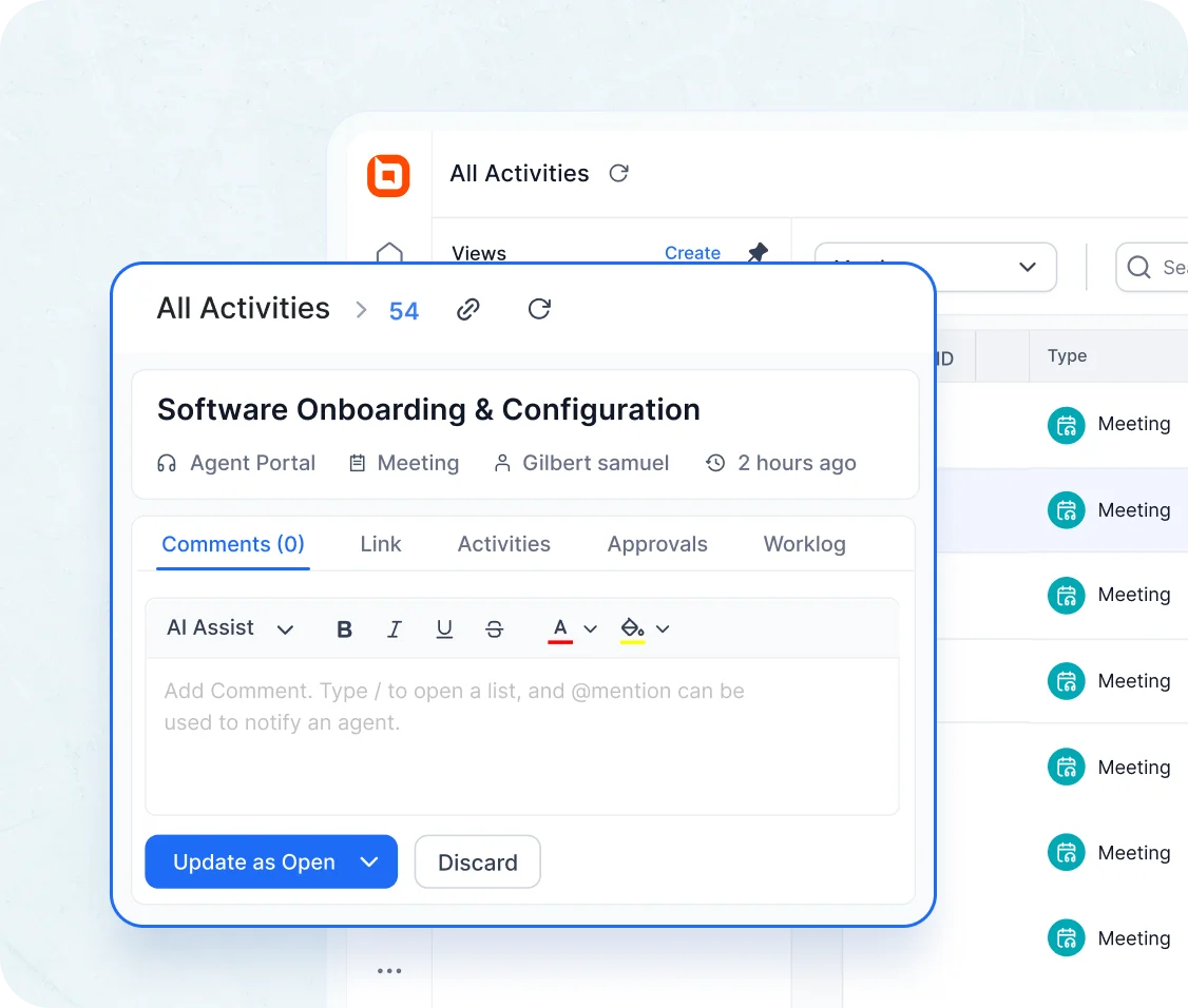 Task management system view showing software onboarding task details with comments, worklog, files, and history option