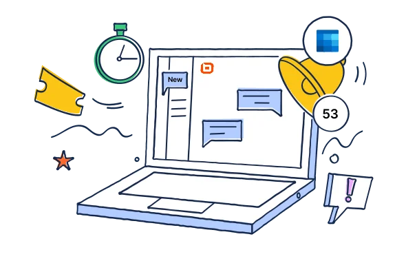 Laptop with notifications, stopwatch, ticket, and chat icons representing productivity and communication tools.