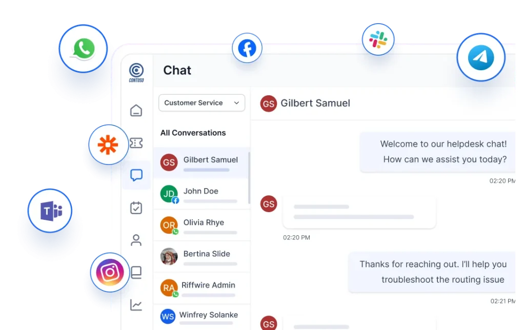 Chat interface showing customer conversations with icons for WhatsApp, Facebook, Teams, Instagram, and other channels