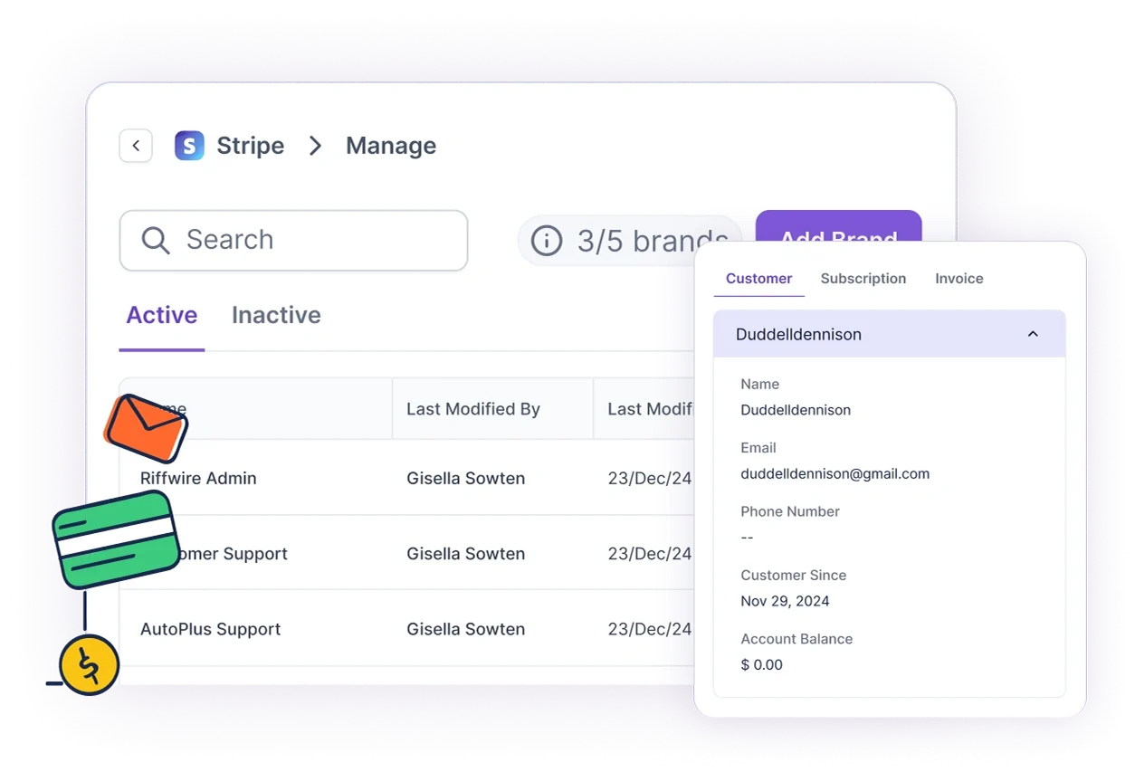 Stripe dashboard showing a list of active support brands with a customer details panel overlay on the right