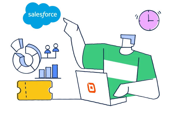 Illustration of a support agent using BoldDesk with Salesforce data insights, charts, and ticket information around them