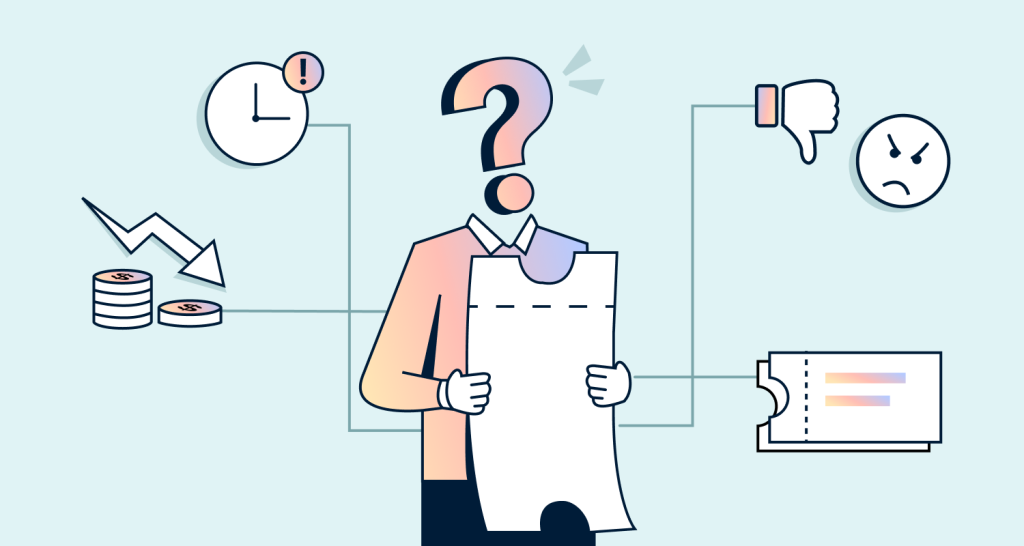 Illustration of a confused person holding a document surrounded by icons showing issues related to ticket ownership