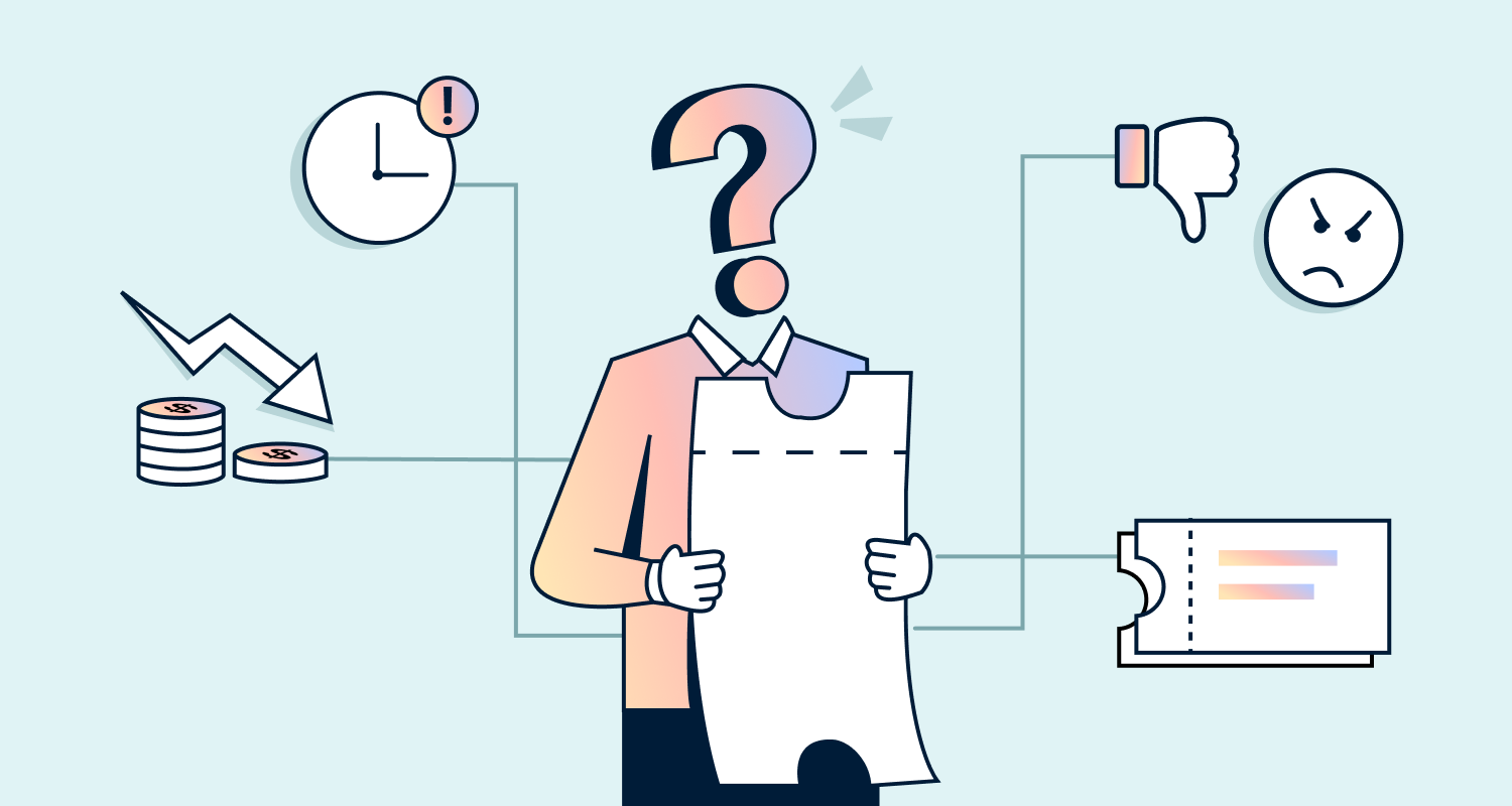 Illustration of a confused person holding a document surrounded by icons showing issues related to ticket ownership