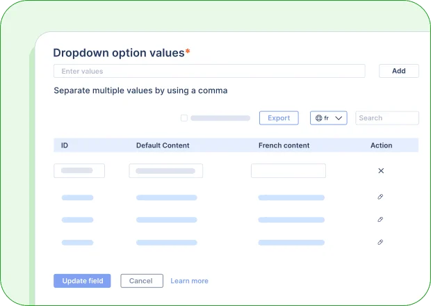 UI for managing dropdown values with fields for ID, default and French content, plus add, edit, delete, and update options