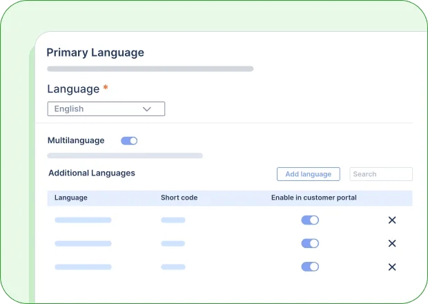 Language settings screen with English as primary, multilingual toggle on, and extra language options