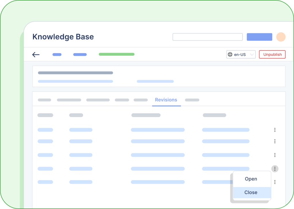 Knowledge base interface showing revision history with navigation tabs and an options menu for Open and Close