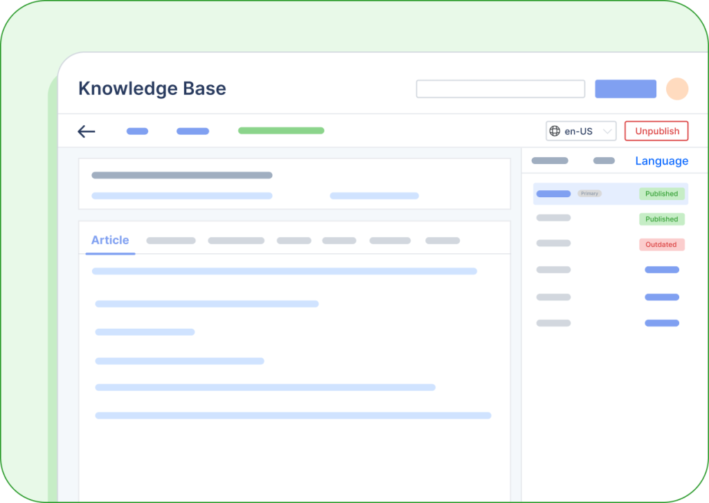Knowledge base interface with tabs, menus, and article status options like Published and Unpublish.