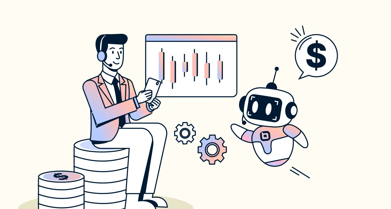 Illustration of fintech customer service showing a support agent, AI agent, and financial analytics tools working together