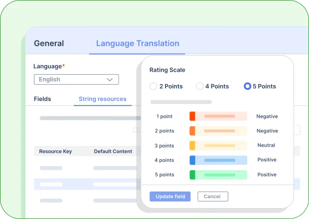 Interface of translation tool with language settings and rating scale selection window