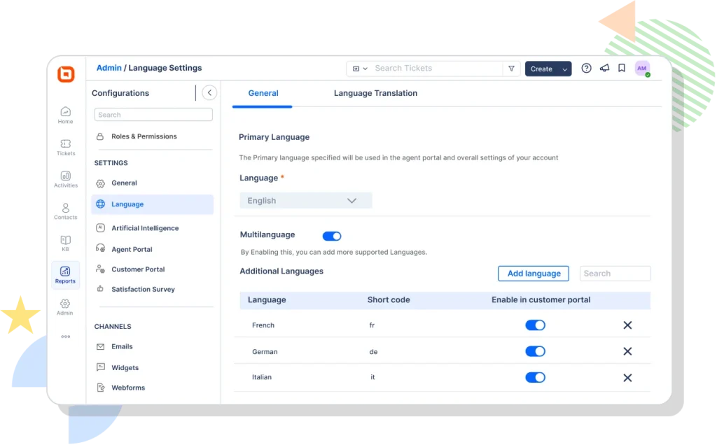 BoldDesk multilingual help desk interface showing language settings to support global customer communication.