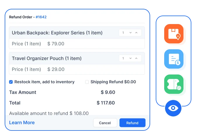 Shopify help desk refund panel showing order items, prices, taxes, refund options, and live order status actions UI screens.