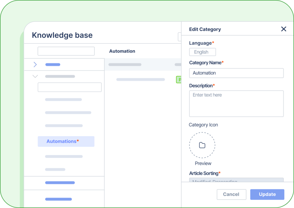 Knowledge base UI with Edit Category panel showing fields for language, category name, description, and update options.