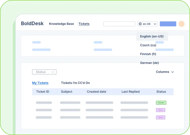 BoldDesk ticket management interface with language options and ticket statuses like Open and Closed