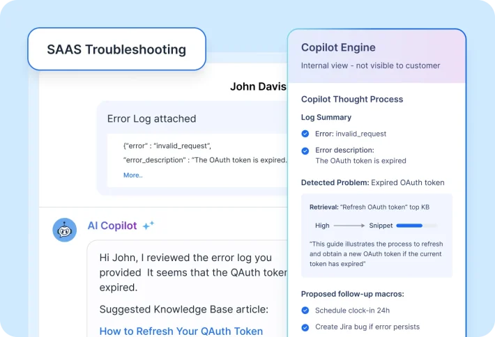 AI customer service copilot analyzing a SaaS error log, retrieving knowledge base content, and recommending a support response for an expired OAuth token issue.