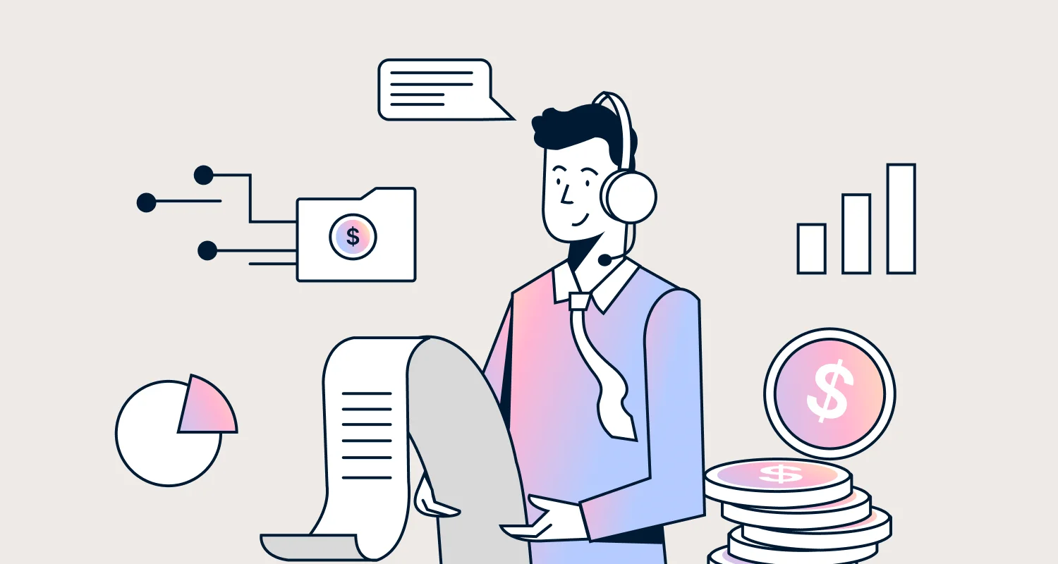 Image showing fintech support agent with a headset reviewing a long receipt, surrounded by coins and financial charts