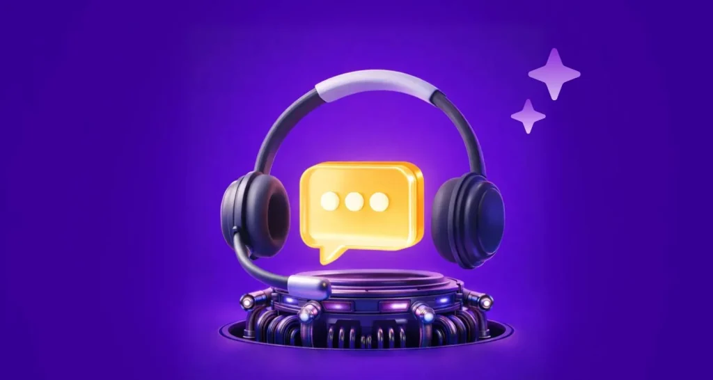 Promotional graphic for an AI-ready knowledge base webinar featuring a 3D headset and chat bubble on a purple background.