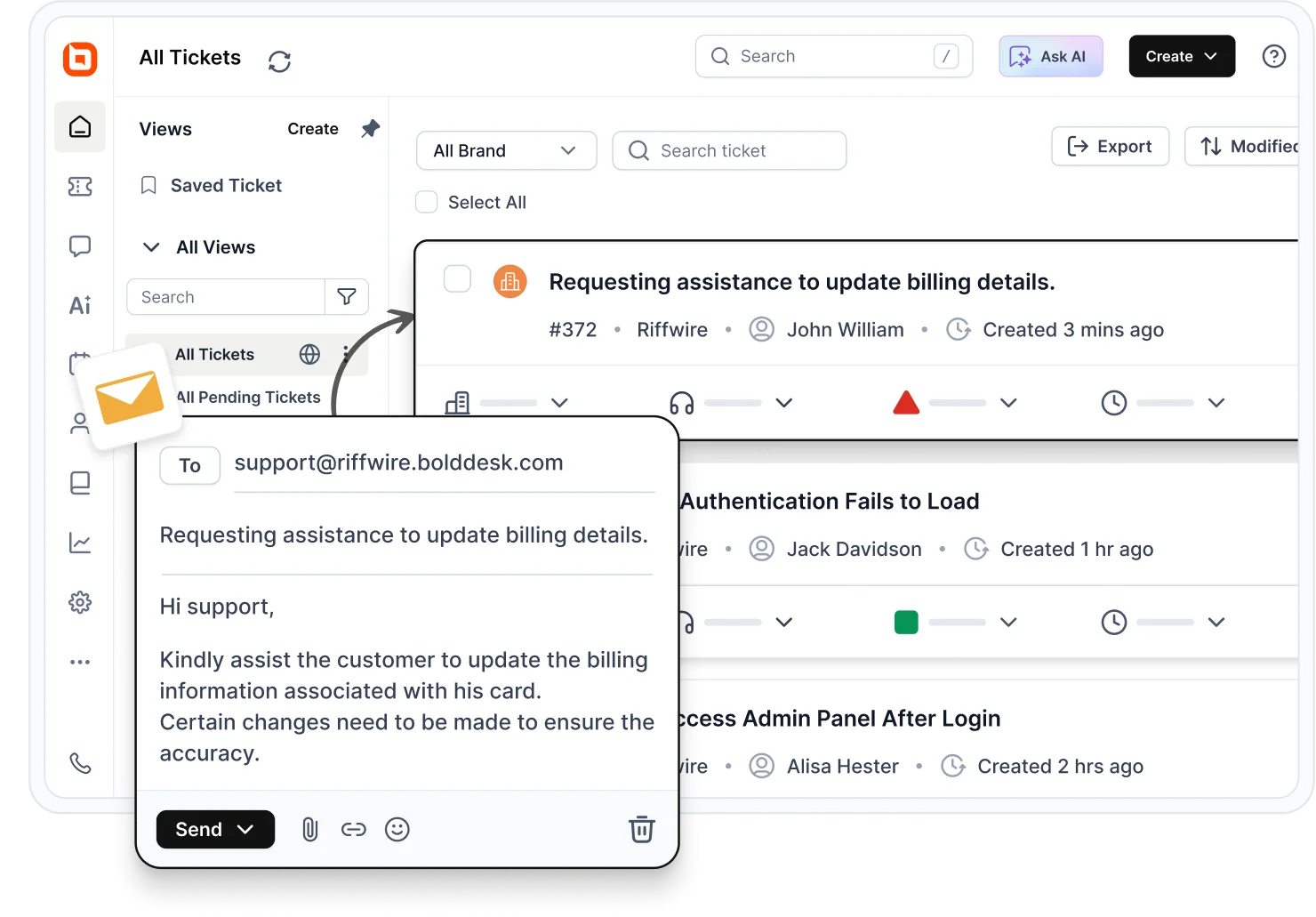 Email ticketing dashboard converting customer emails into support tickets for tracking and resolution