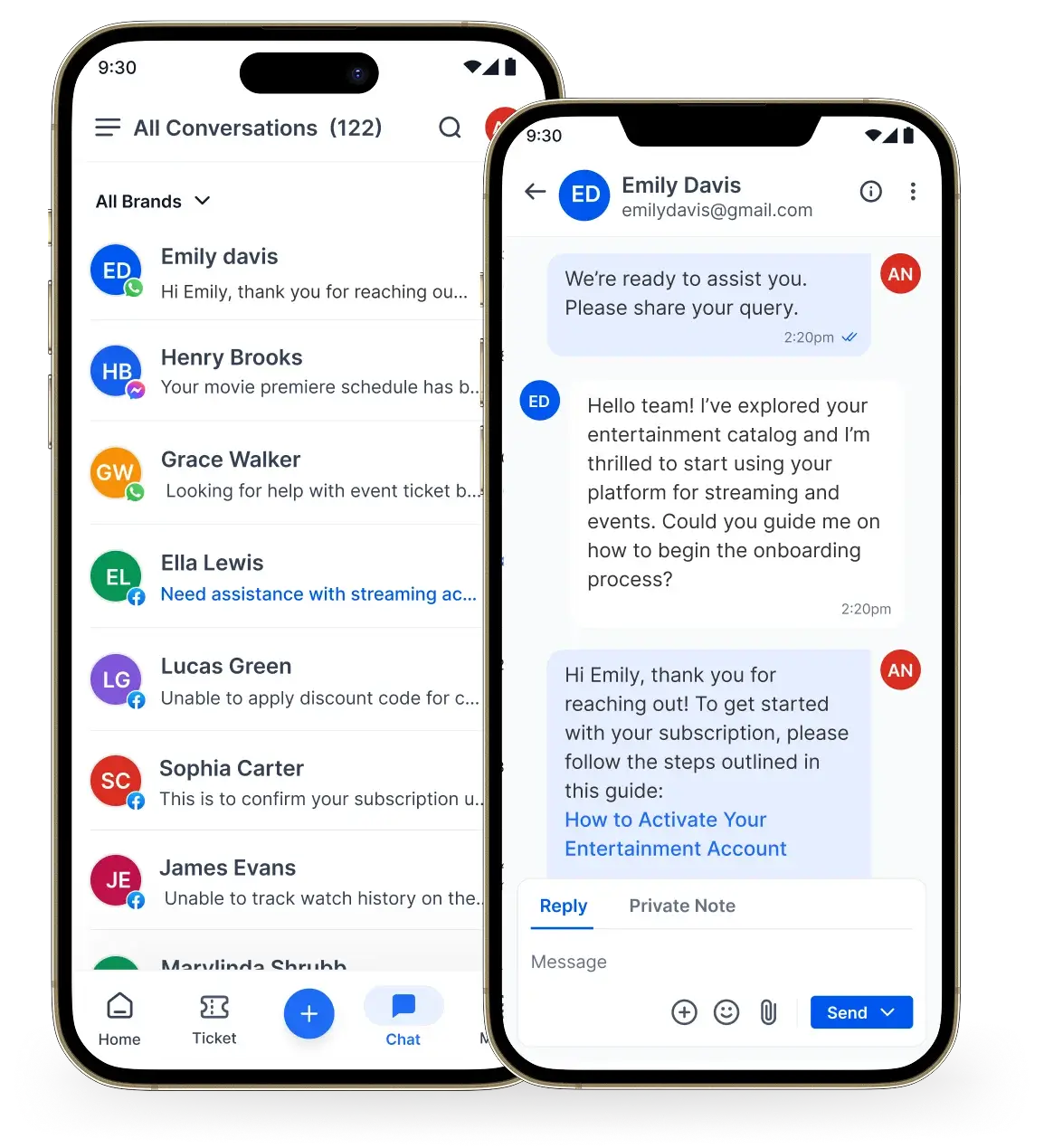 Help desk for Entertainment mobile interface showing conversation list and live chat support.