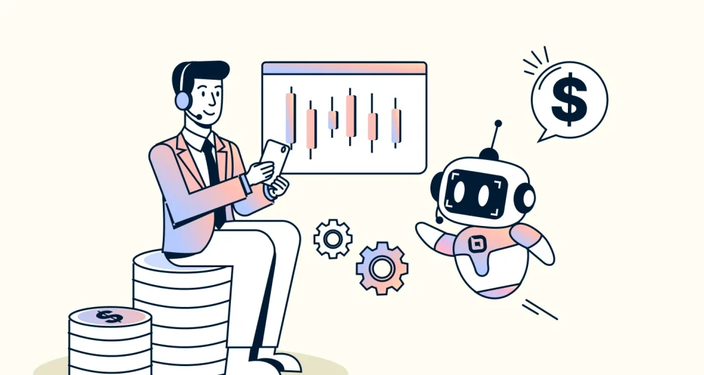 Illustration of fintech customer service showing a support agent, AI agent, and financial analytics tools working together