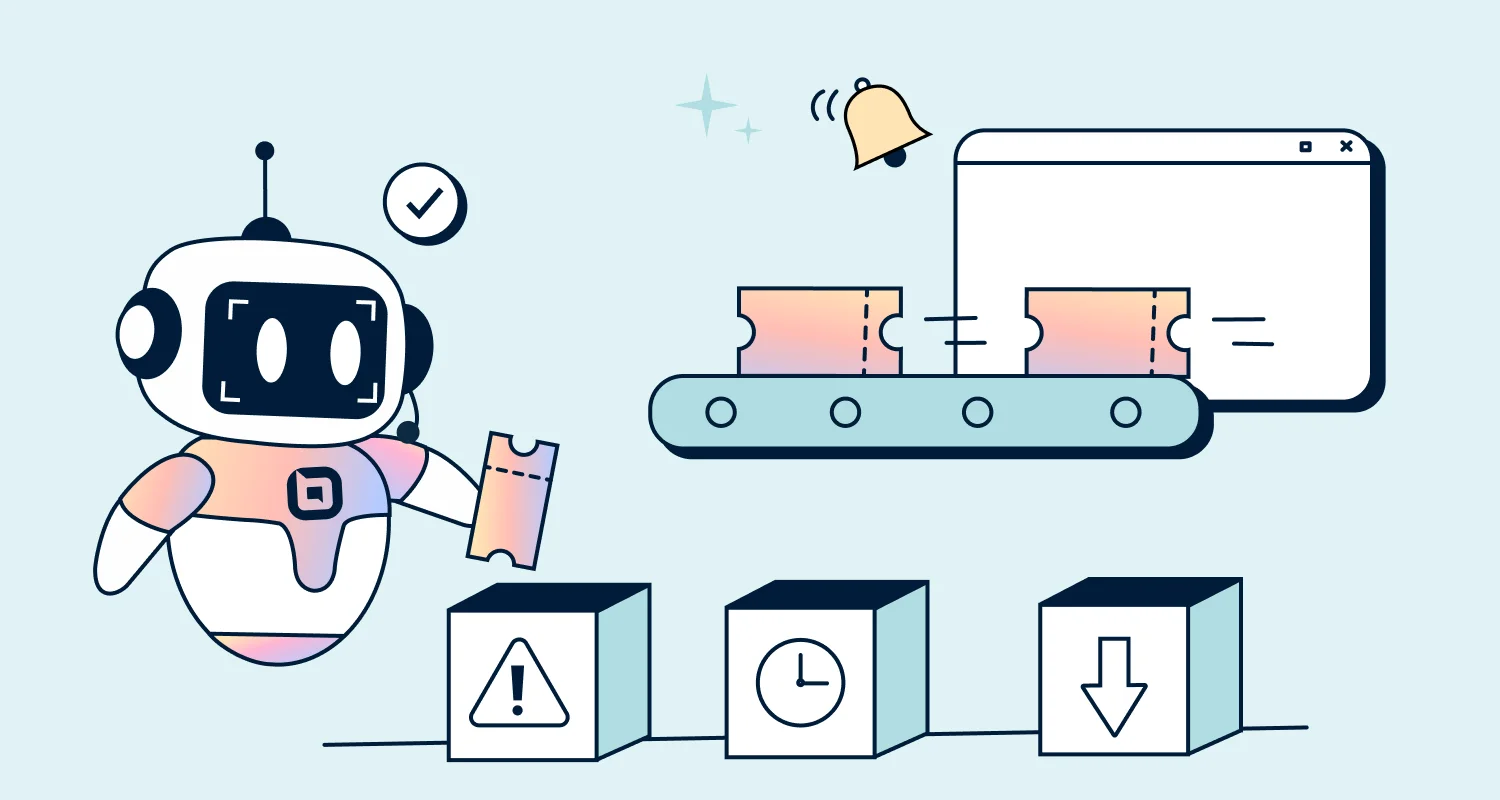 Image of ticket triage with a robot sorting tickets on a conveyor belt and icons representing issue types and priorities