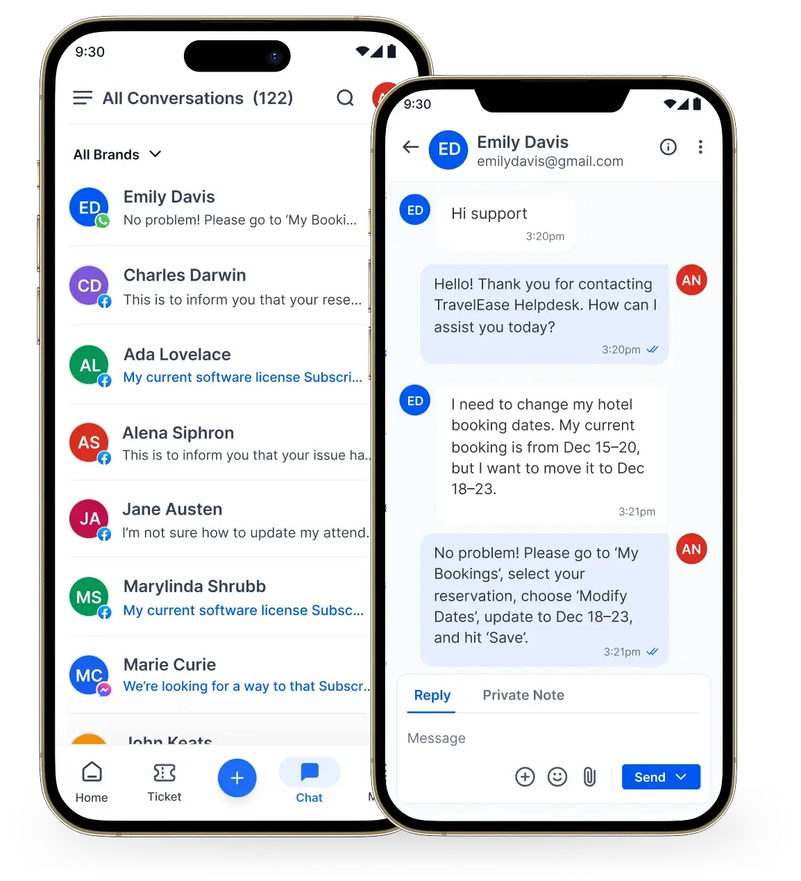 Two smartphone screens showing a messaging app with chat on email delivery issue and conversation list