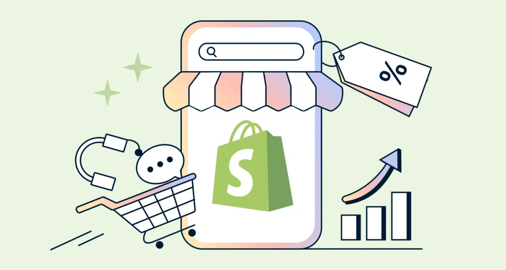 Illustration of a Shopify store with support icons, discount tag, and growth chart representing rising Shopify support volume.