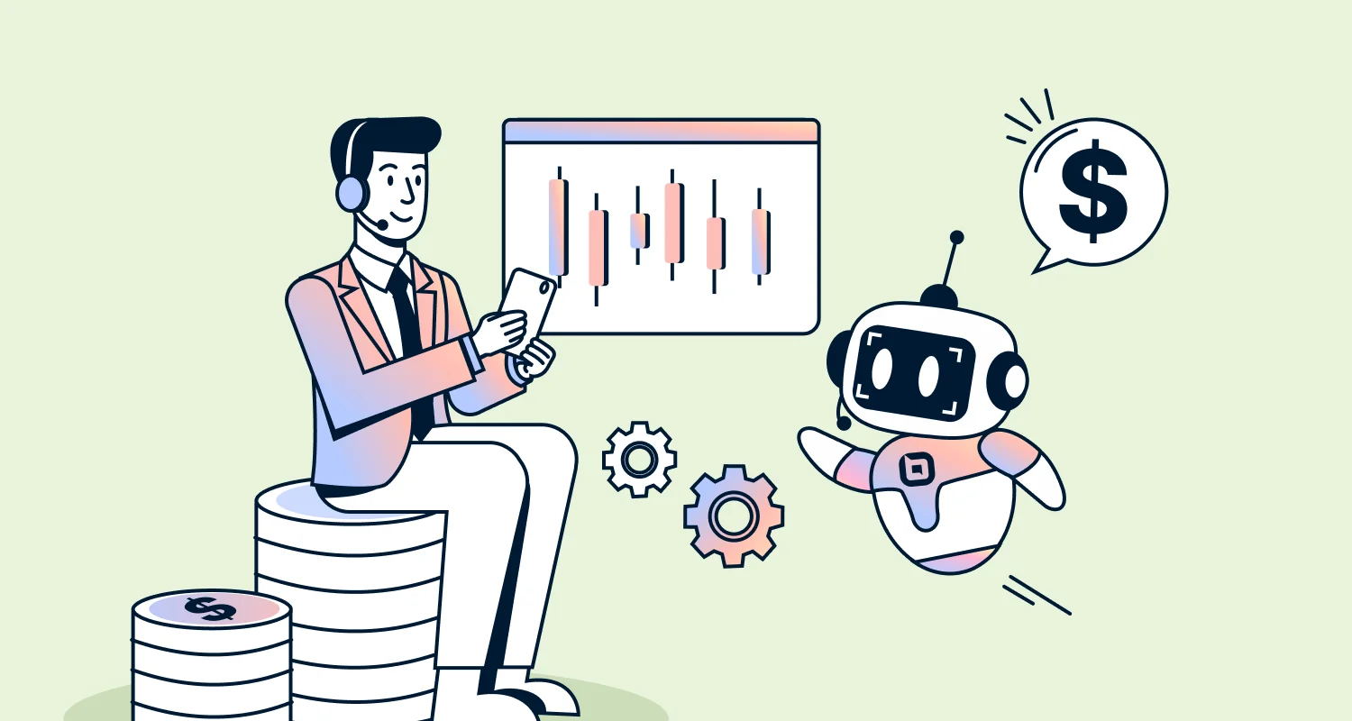 Illustration of fintech customer service showing a support agent, AI agent, and financial analytics tools working together