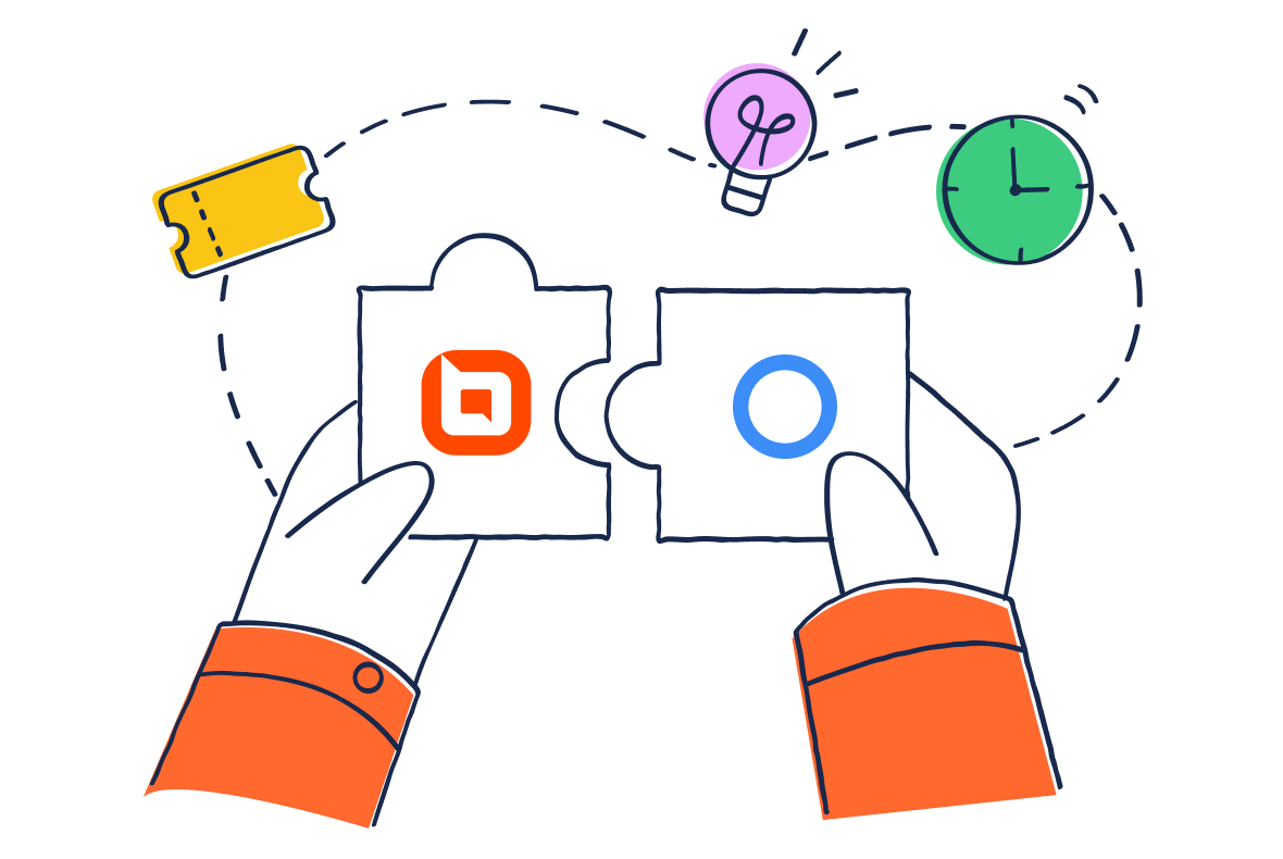 Illustration of two hands holding puzzle pieces with logos, symbolizing partnership and collaboration with icons above