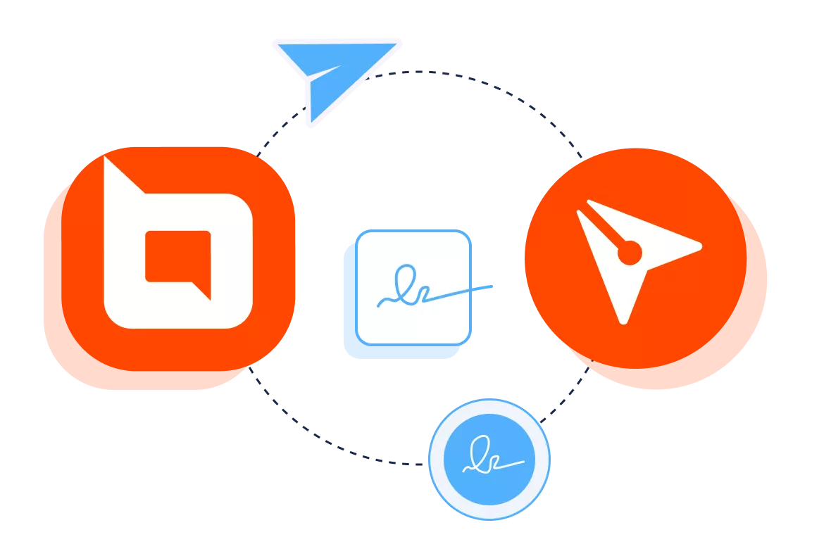 BoldDesk and BoldSign logos connected with signature icons, representing BoldSign integration for document workflows.