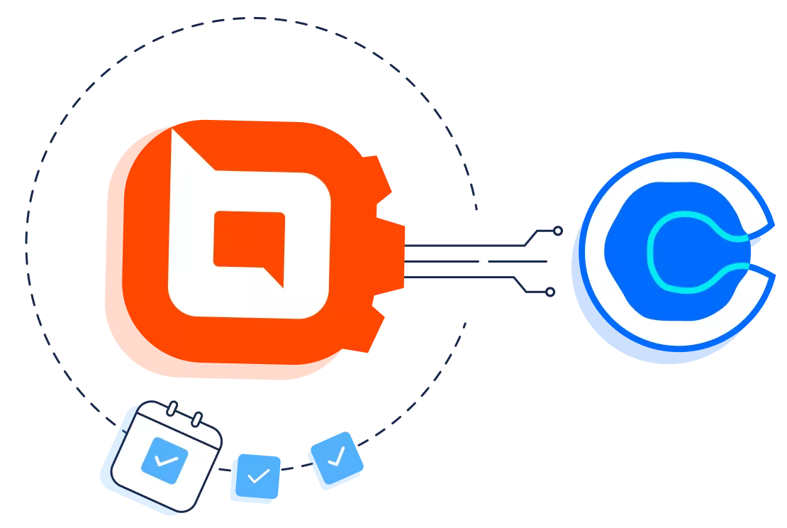 BoldDesk and Calendly icons are connected with calendar symbols, representing Calendly integration for meeting scheduling