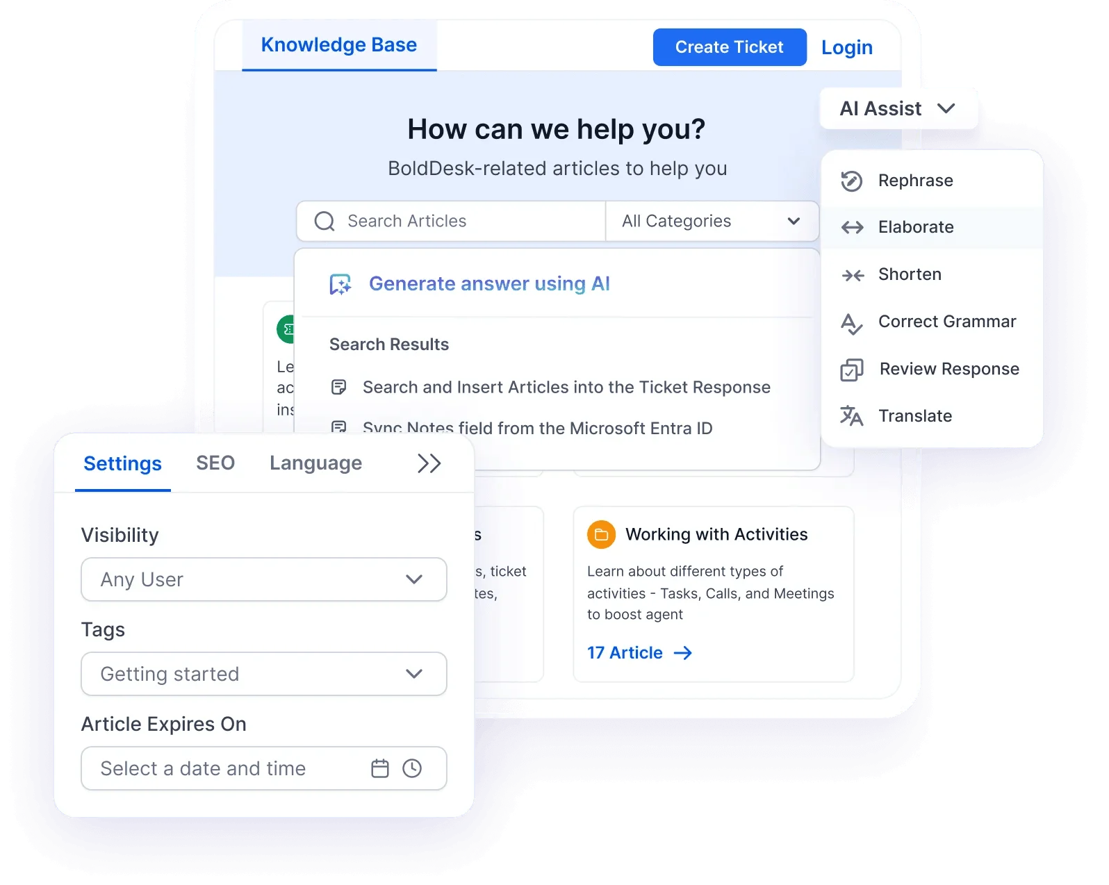 BoldDesk AI Assist menu for high volume email management offering rephrase, elaborate, shorten, and grammar correction tools