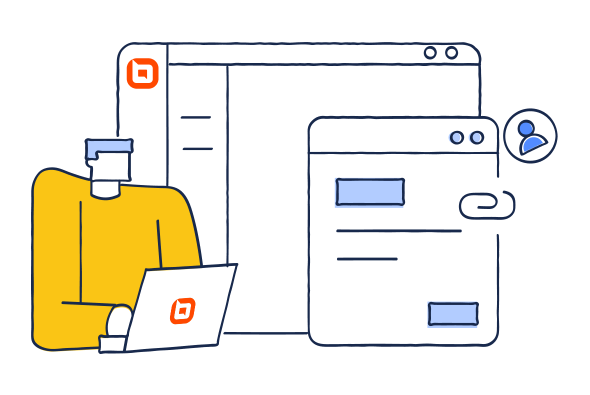 Illustration of a laptop user with web browser windows and user icon, focusing on technology.