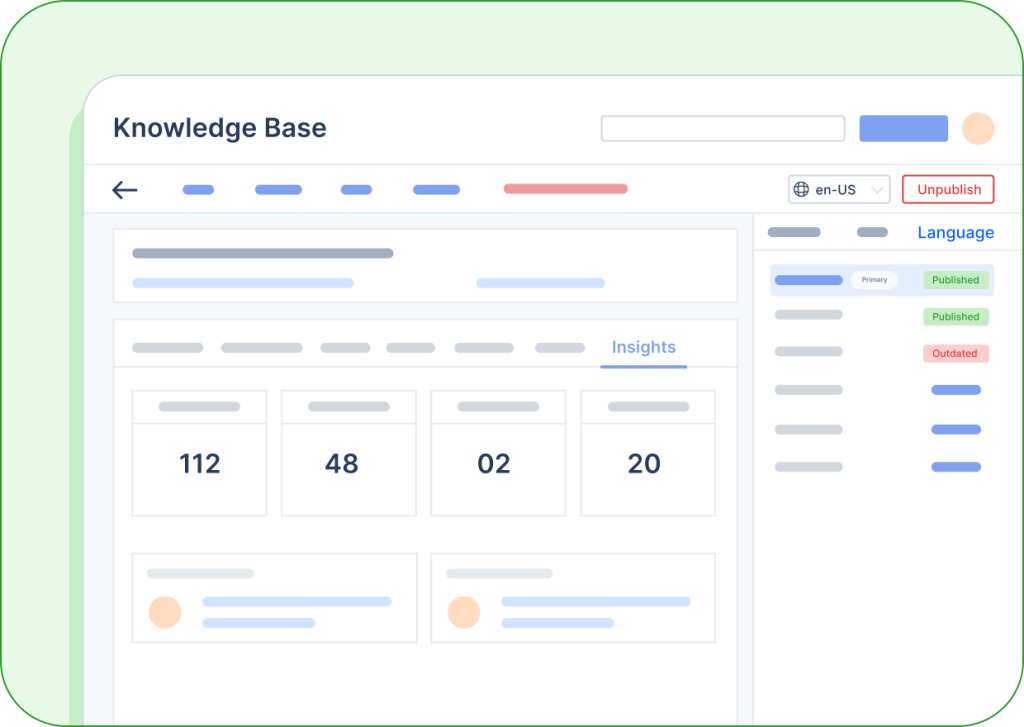 Dashboard showing knowledge base stats with graphs and numbers 112, 48, 02, 20, plus navigation and settings tabs.