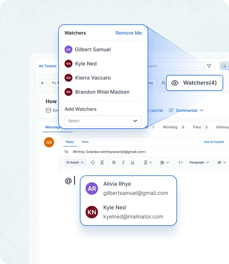 Collaboration tools in IT help desk software watchers, mentions & canned responses.