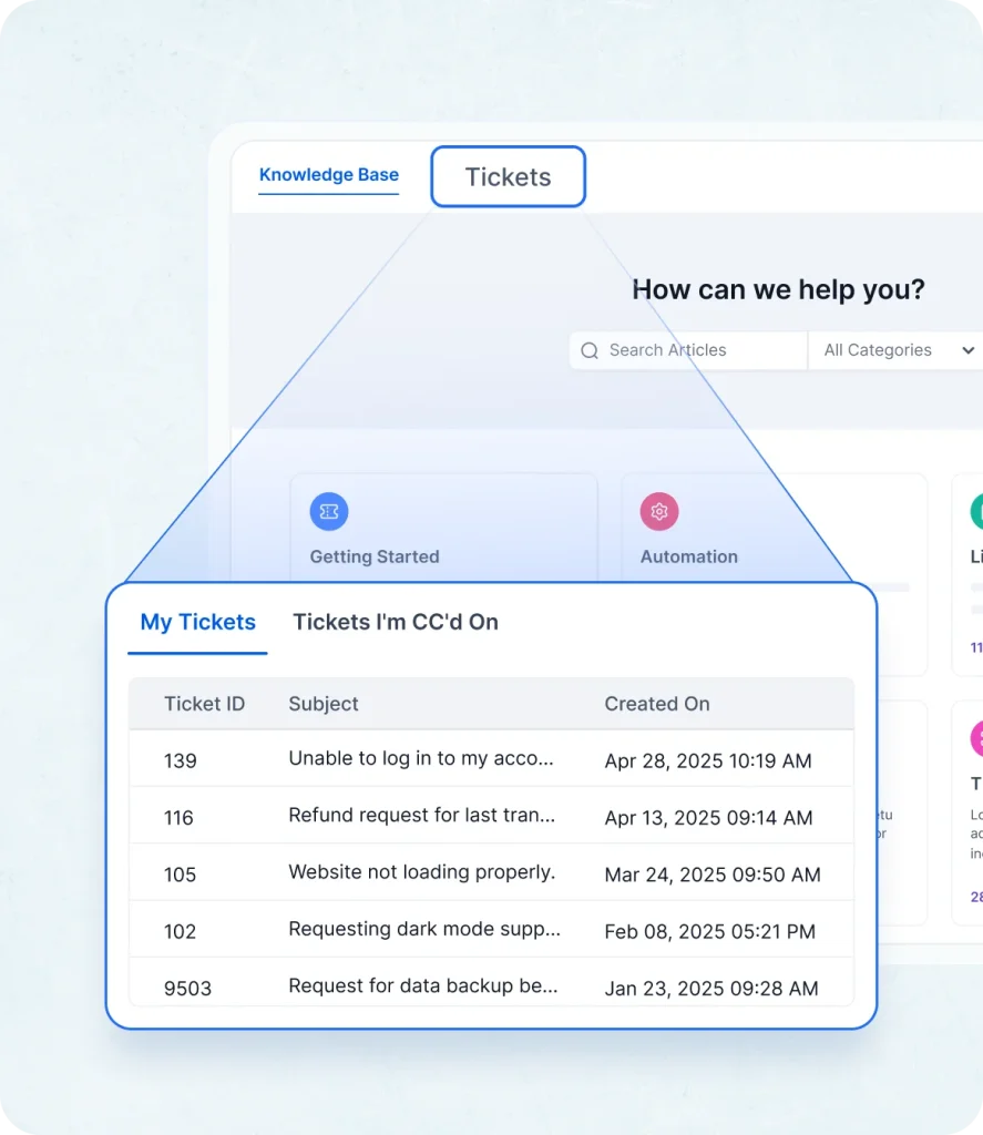 Customer portal in IT help desk software AI search, ticket history & multilingual access.