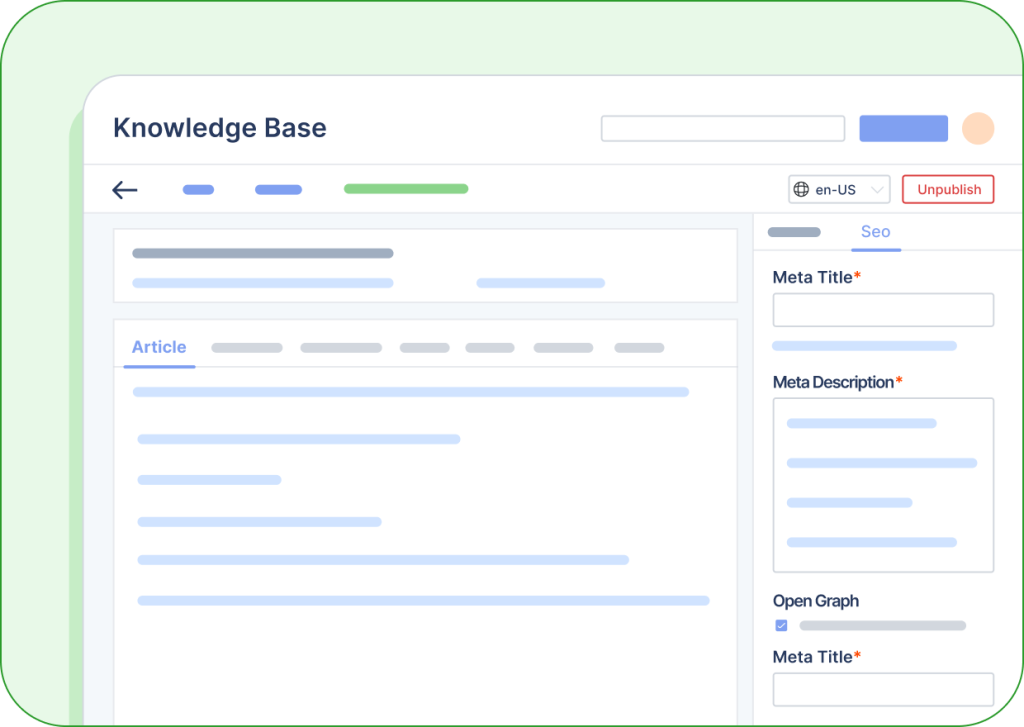 Knowledge base editor interface with sections for articles, SEO, meta title, and description in a clean, organized layout