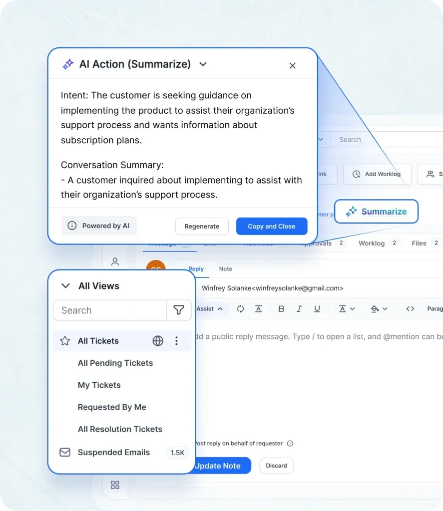 Productivity boosters in IT help desk software bulk actions, filters & AI summaries.
