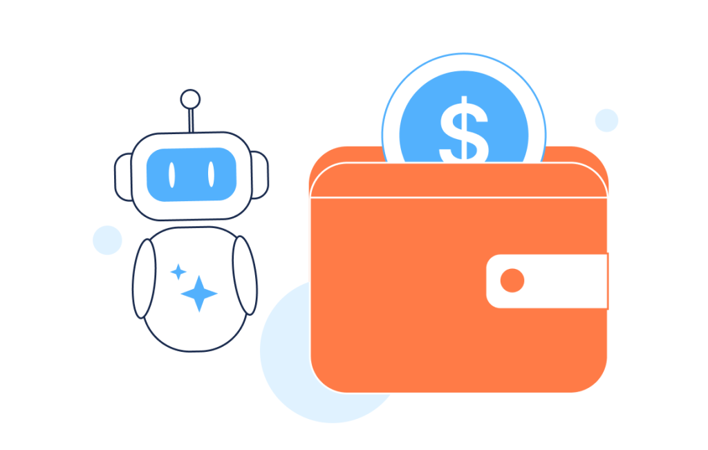 AI robot beside wallet with dollar symbol, representing AI ROI calculator for measuring automation cost savings.